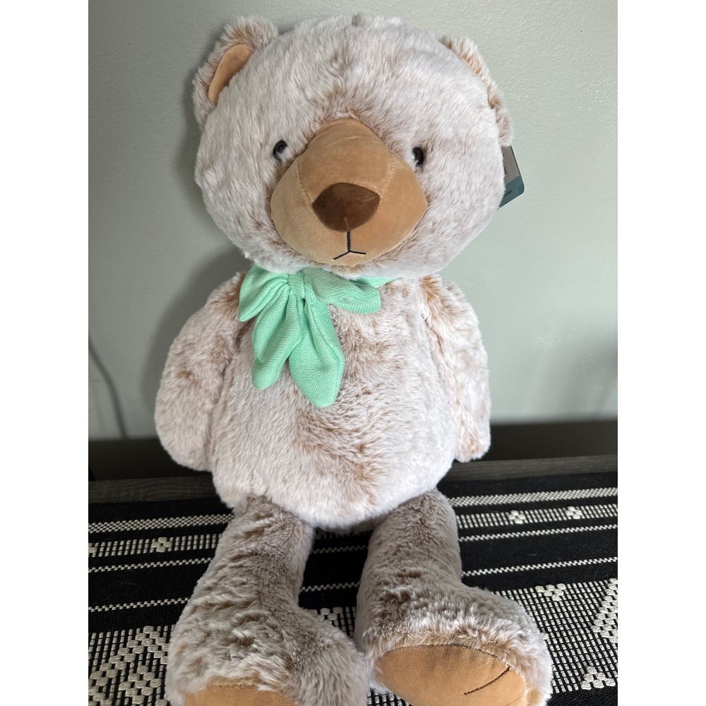 Kid Connection 16 Inch Plush Brown Bear Cream Tan Stuffed Animal Mint Green Bow